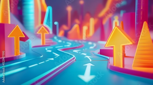 Road with many arrows illustrating a creative digital roadmap featuring icons that guide travelers in various directions