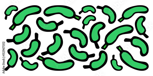 Vector horizontal banner with many fresh green cucumbers, next to each other, on a white isolated background
