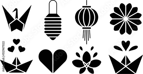 Vector origami symbols set paper crane boat hearts lantern flower design elements asian style graphic art 100 editable stock vector illustration
