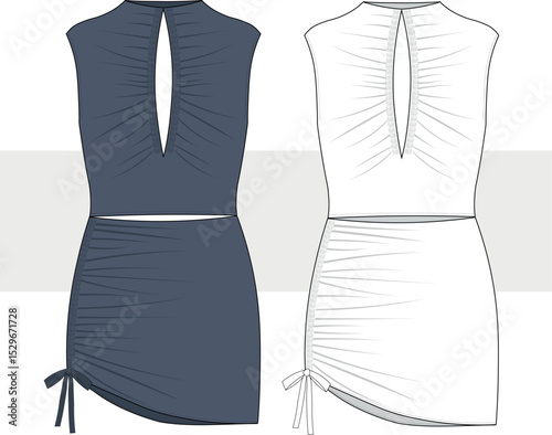 Woman mini party dress with gathered front sleeveless fashion technical drawing, illustration. Mini dress template, Cad, Mockup set. 