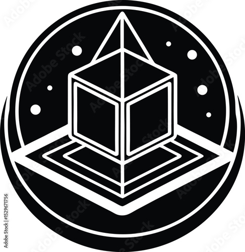 Abstract geometric cube and pyramid combination Silhouette inside a circle with stars illustration