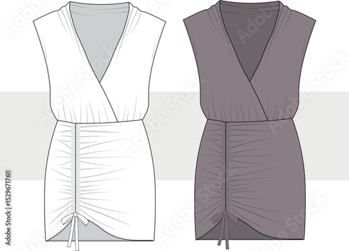 Woman mini party dress with gathered front sleeveless fashion technical drawing, illustration. V-neck mini dress template, Cad, Mockup set. 