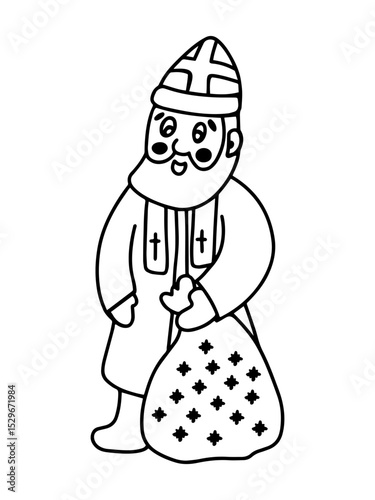 Black and white illustration of a cute Saint Nicholas in full length, linear contour drawing