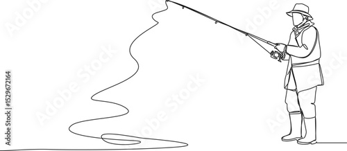 continuous single line drawing of fisherman with fishing rod, line art vector illustration