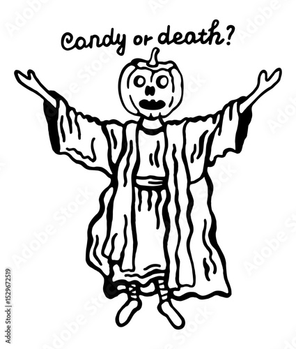 Vector black and white illustration of a character with a pumpkin instead of a head, in a medieval cassock, on a white isolated background with a caption