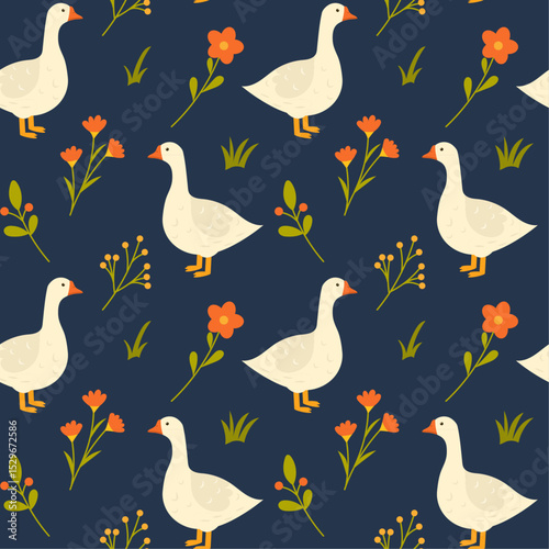 Funny seamless pattern with geese. Summer print with poultry and flowers. Vector pattern with goose, hand drawn.
