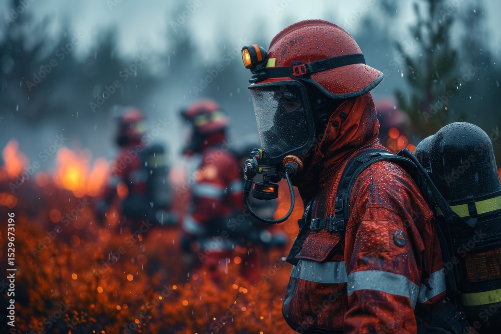 Fototapeta premium An intense image of a firefighter in protective gear combating a raging wildfire amid falling rain, symbolizing bravery, resilience, and the fierce battle against nature.