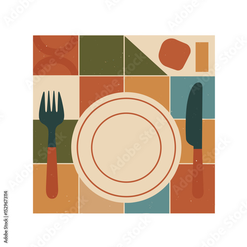 Dinner table setting illustration for restaurant menus and food blogs
