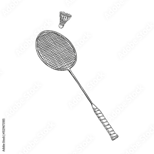 badminton racket and shuttlecock vector hand drawn illustration