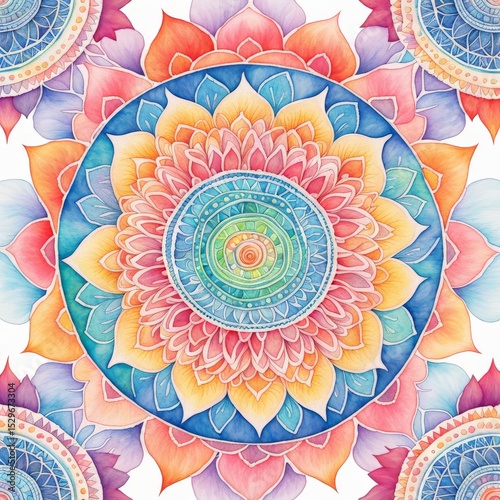 colorful floral mandala on white background, hand drawing.colorful drawing.