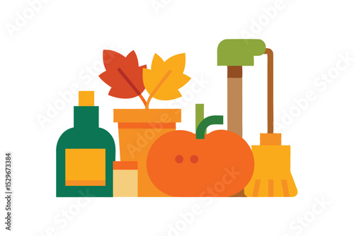 Fall home cleaning supplies with rustic charm vector art illustration