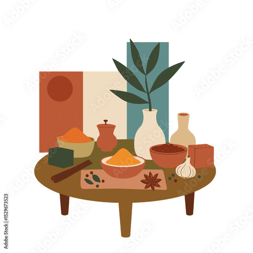 Spices and herbs on rustic table – vector illustration for cooking blogs and packaging design