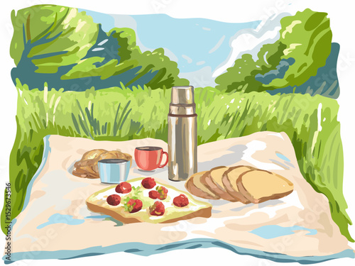 Picnic setup with sandwiches and drinks on blanket in green park  