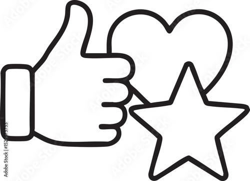 Line art illustration of a thumbs up heart and star representing positive feedback and rating