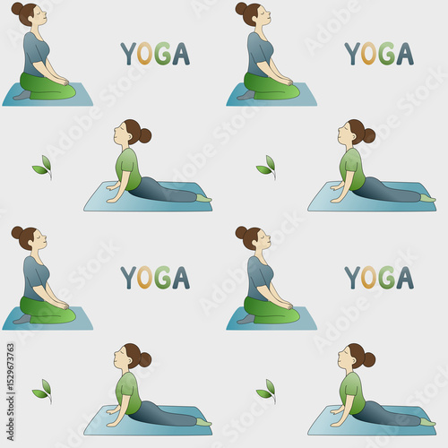 Seamless yoga pattern with meditating and stretching women, green leaves, and soft 
