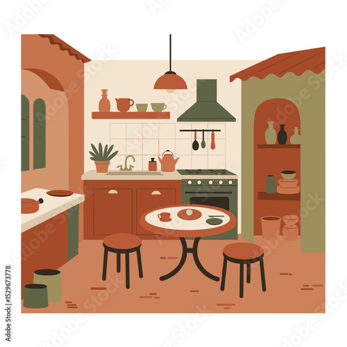 Cozy rustic kitchen interior illustration for cooking blogs and home decor projects