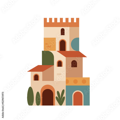 Vector illustration of a Mediterranean hilltop town with historic buildings