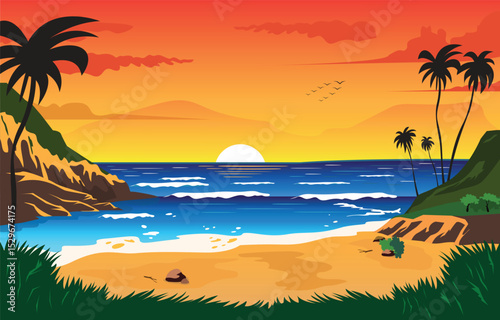 Sunset view from sand beach landscape