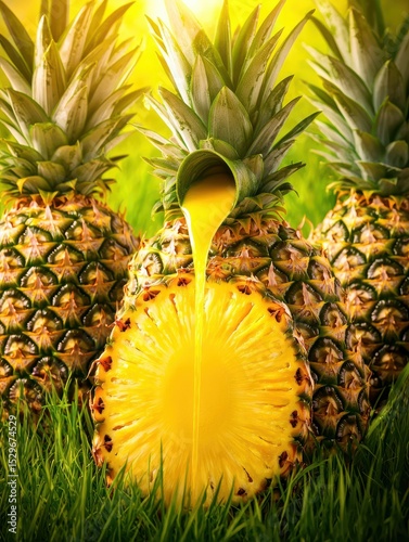 Ripe Pineapples Dripping Fresh Juice Surrounded by Lush Green Grass