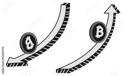 bitcoin cryptocurrency rolls up and down following the arrow, financial growth concept. vector illustration isolated on white background.