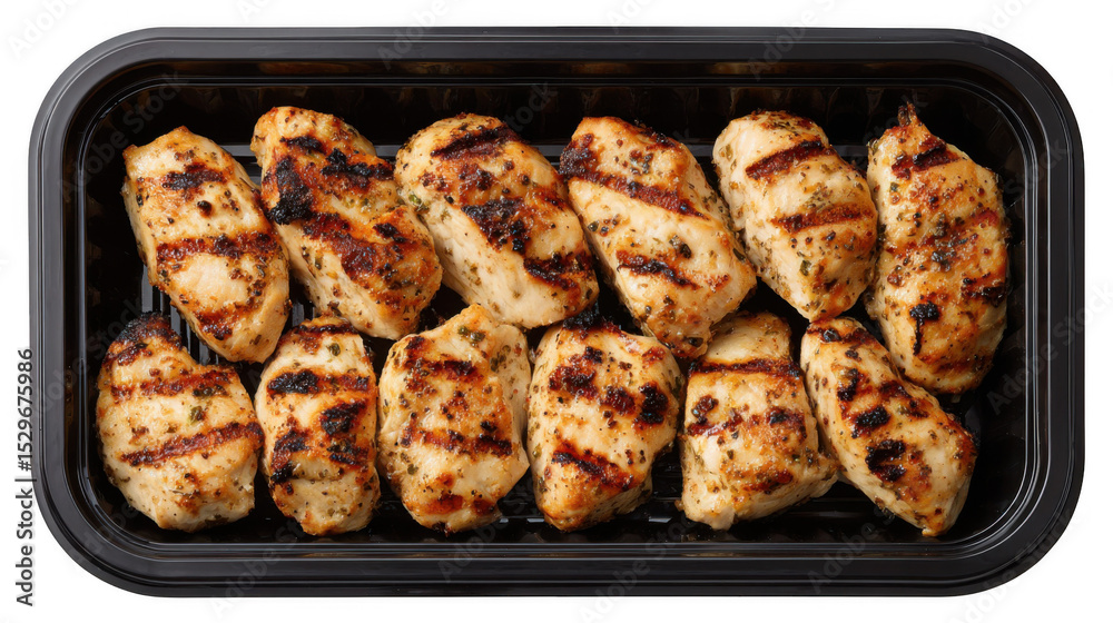 Grilled chicken bites seasoned with herbs and spices are neatly arranged in a black plastic tray, offering a convenient and delicious meal option with transparent background Grilled chicken bites seasoned with herbs and spices are neatly arranged in a black plastic tray, offering a convenient and delicious meal option with transparent background