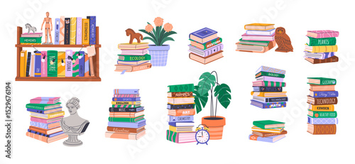 Set of isolated bookcase, bookshelves, stacks and piles of various books. Home library collection with educational literature, novels, encyclopedias. World Book Day and Back to School concept.