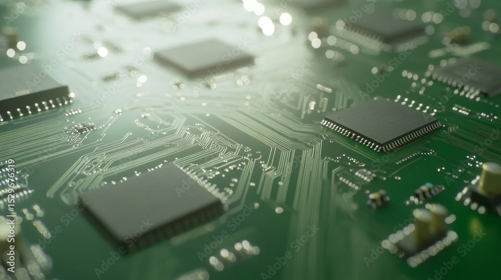 Close-up of computer microchips and processors mounted on electronic circuit board with glowing traces, representing advanced digital technology, microelectronics, and modern computing infrastructure
Close-up of computer microchips and processors mounted on electronic circuit board with glowing traces, representing advanced digital technology, microelectronics, and modern computing infrastructure