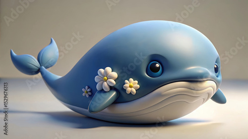 Adorable Cartoon Blue Whales with Daisies – 3D Cute Floral Whale Characters in Playful Style for Children’s Decor, Toys, and Illustration