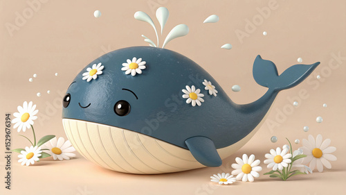 Adorable 3D Cartoon Whale with Daisy Flowers and Water Splashes on Beige Background – Cute Blue Sea Animal Illustration for Children and Decor