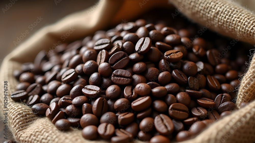 Fototapeta premium Heap of Roasted Coffee Beans on Burlap Sack Still Life