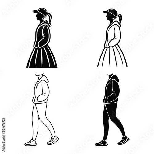 Stylish women and men walking in hoodies and sneakers