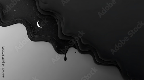 A minimalist and creative wallpaper design with a small portion of a black, fluid-like shape spilling downward from the top. Within this dark liquid are celestial elements, .