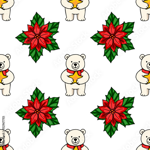 Seamless vector Christmas pattern with adorable polar bears holding golden stars and vibrant poinsettias, creating a festive and joyful winter design.