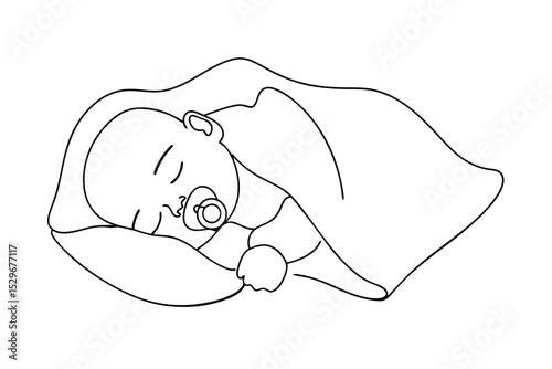 Sweet baby sleeping soundly under a blanket line drawing