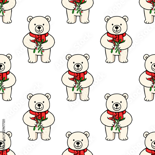 Seamless vector pattern of adorable polar bears in red scarves holding mistletoe sprigs, perfect for festive Christmas or winter designs.