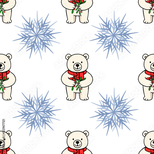 Seamless vector pattern featuring adorable polar bears in red scarves holding mistletoe sprigs, interspersed with delicate blue snowflakes on a white background, perfect for festive winter designs.