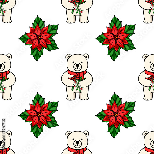 Seamless vector pattern featuring adorable polar bears wearing red scarves and holding mistletoe sprigs, interspersed with vibrant poinsettias, creating a charming Christmas design.