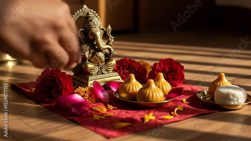 Golden Ganesh Idol with Modak Sweets and Red Flowers Offering on Red Cloth with Wooden Background in Warm Light Celebration for Diwali