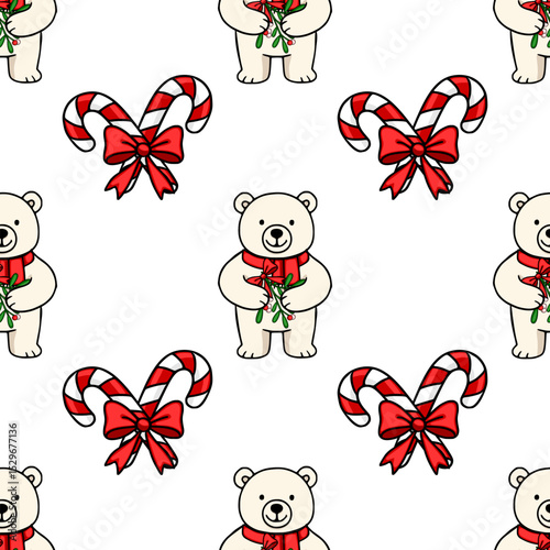 Seamless vector pattern featuring adorable polar bears holding mistletoe sprigs and candy canes tied with red bows, creating a charming Christmas design.