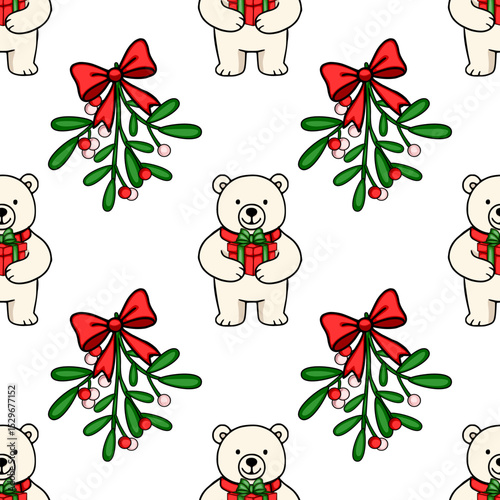 Seamless vector pattern featuring adorable polar bears holding gifts and mistletoe sprigs adorned with vibrant red bows, creating a charming Christmas design.