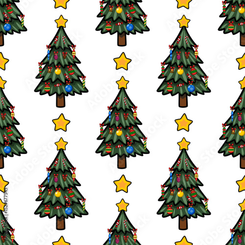 Seamless vector pattern of stylized Christmas trees adorned with colorful ornaments, candy canes, and stars, creating a festive and joyful winter holiday design.
