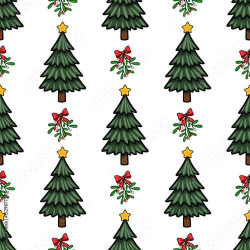 Seamless vector Christmas pattern featuring stylized Christmas trees adorned with yellow stars, complemented by mistletoe sprigs tied with red bows, creating a festive and cheerful winter design.