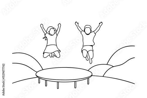 Happy children jumping on a trampoline line drawing illustration