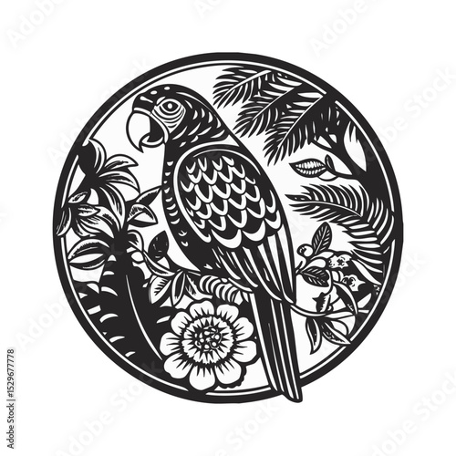 image of a parrot on a branch in a dense forest