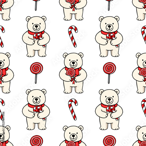 Seamless vector pattern featuring adorable polar bears in red scarves, holding lollipops and candy canes, creating a cheerful and festive winter design.