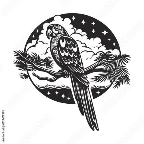 Image of a parrot perched on a tree branch in a tropical forest