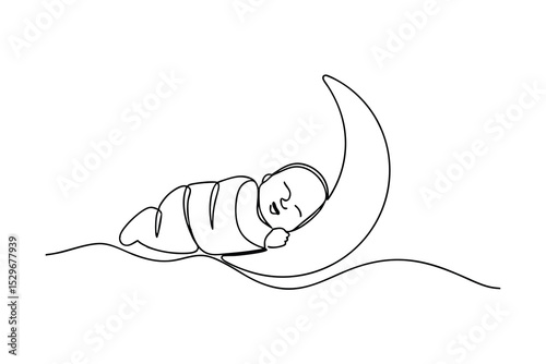 Sweet dreams baby sleeping on crescent moon line drawing illustration