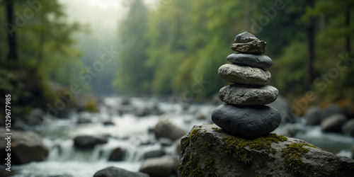 Balanced stack of zen stones on moss-covered rock by a tranquil river with waterfall in lush green forest background
