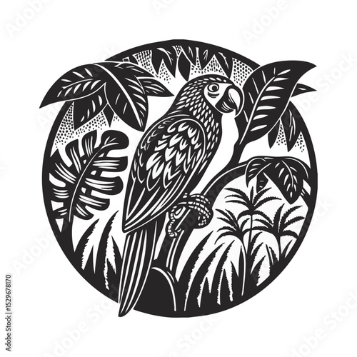A parrot perched on a branch in the middle of a dense forest