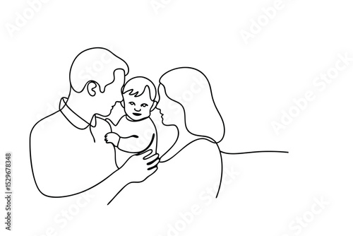 Happy family line drawing parents and baby together
